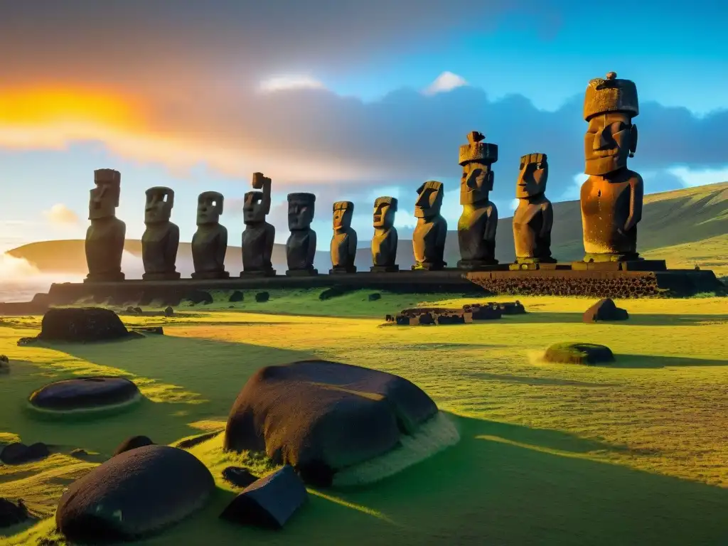 Siluetas de Moai al amanecer en Ahu Tongariki, Isla de Pascua