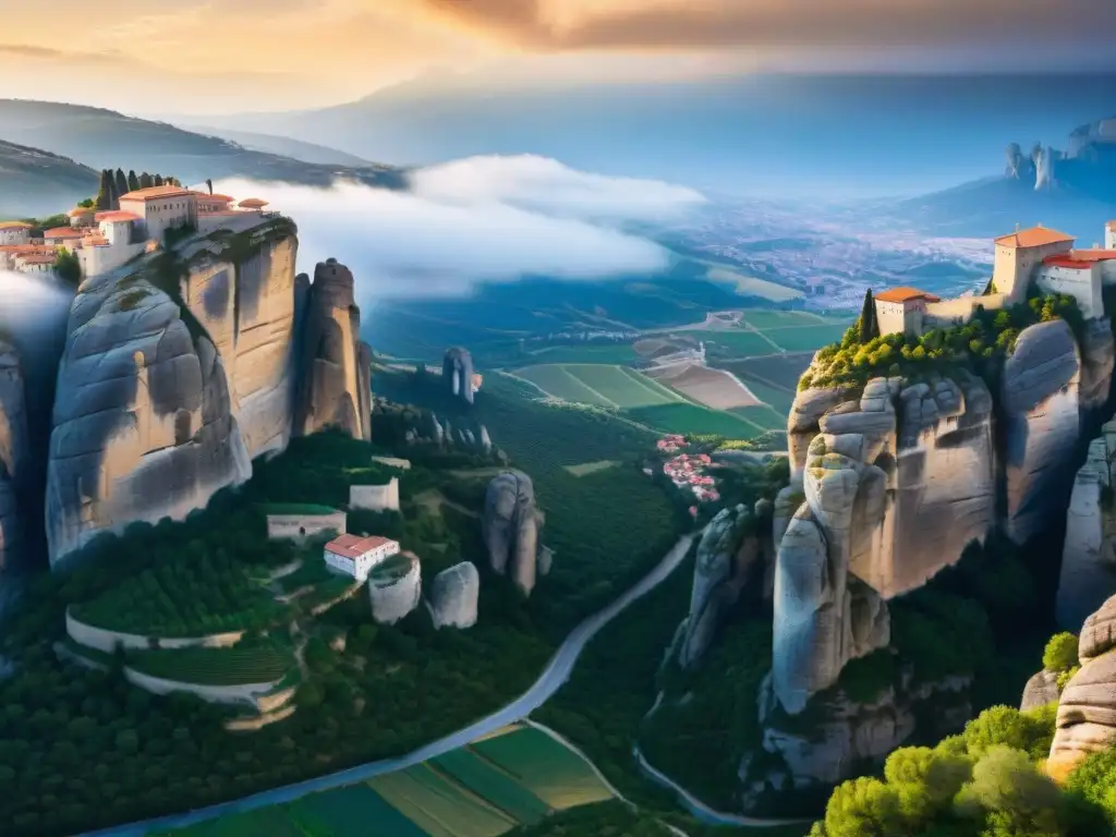 Siluetas de monasterios antiguos en los acantilados de Meteora al atardecer, revelando los misterios de los monasterios Meteora