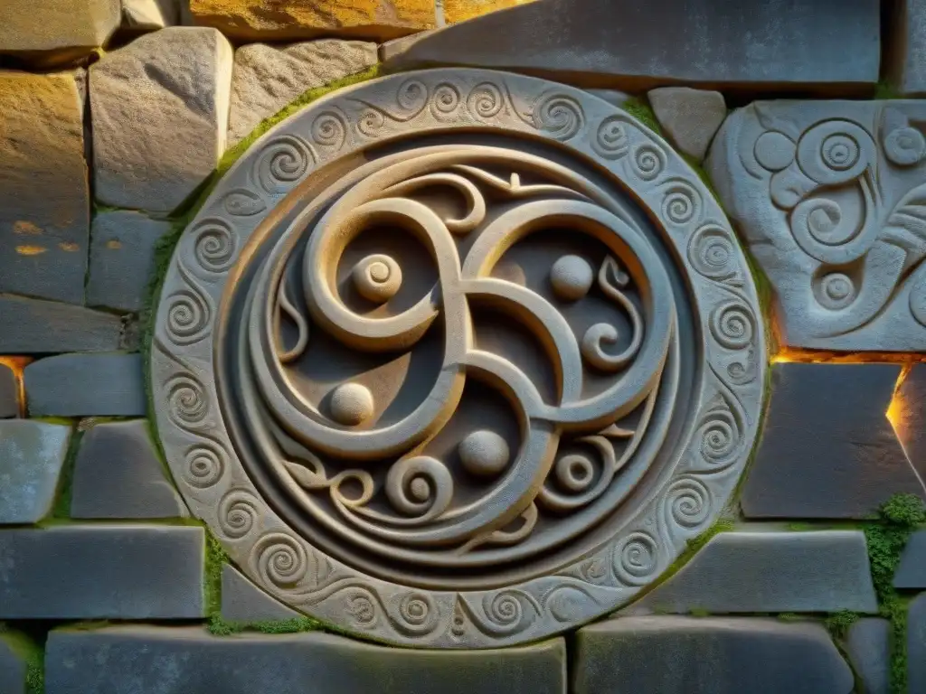 Un símbolo Triskelion antiguo tallado en una pared de piedra desgastada, iluminado por la luz solar