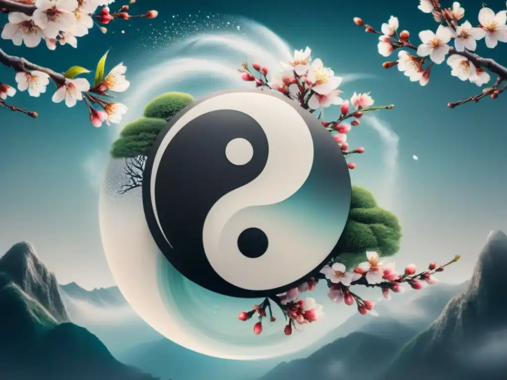 Símbolo yinyang en caligrafía china rodeado de cerezos en flor