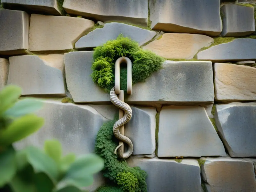 El símbolo griego antiguo del báculo de Asclepio esculpido en una pared de piedra desgastada, mostrando detalle y significado de la medicina