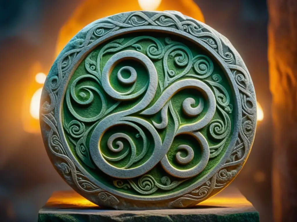 Un símbolo Triskelion tallado en una antigua tabla de piedra, iluminado por una antorcha en una cámara misteriosa