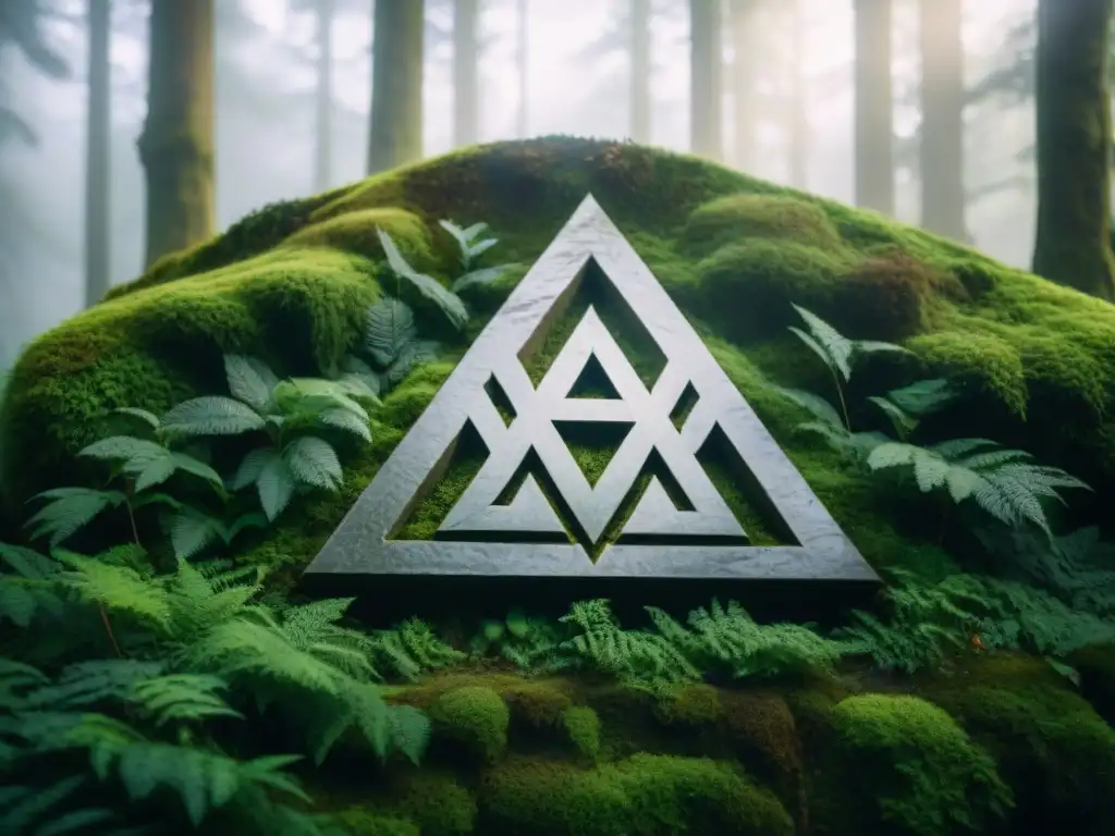 Símbolo del Valknut tallado en piedra cubierta de musgo en un bosque nórdico brumoso, evocando poder y misticismo