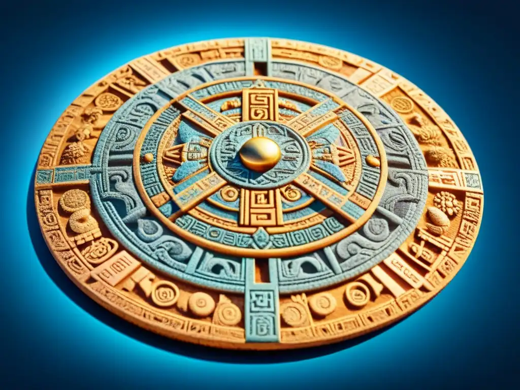 Símbolos de iluminación antiguos: detallado calendario azteca bajo el sol dorado, en fondo de cielo azul claro