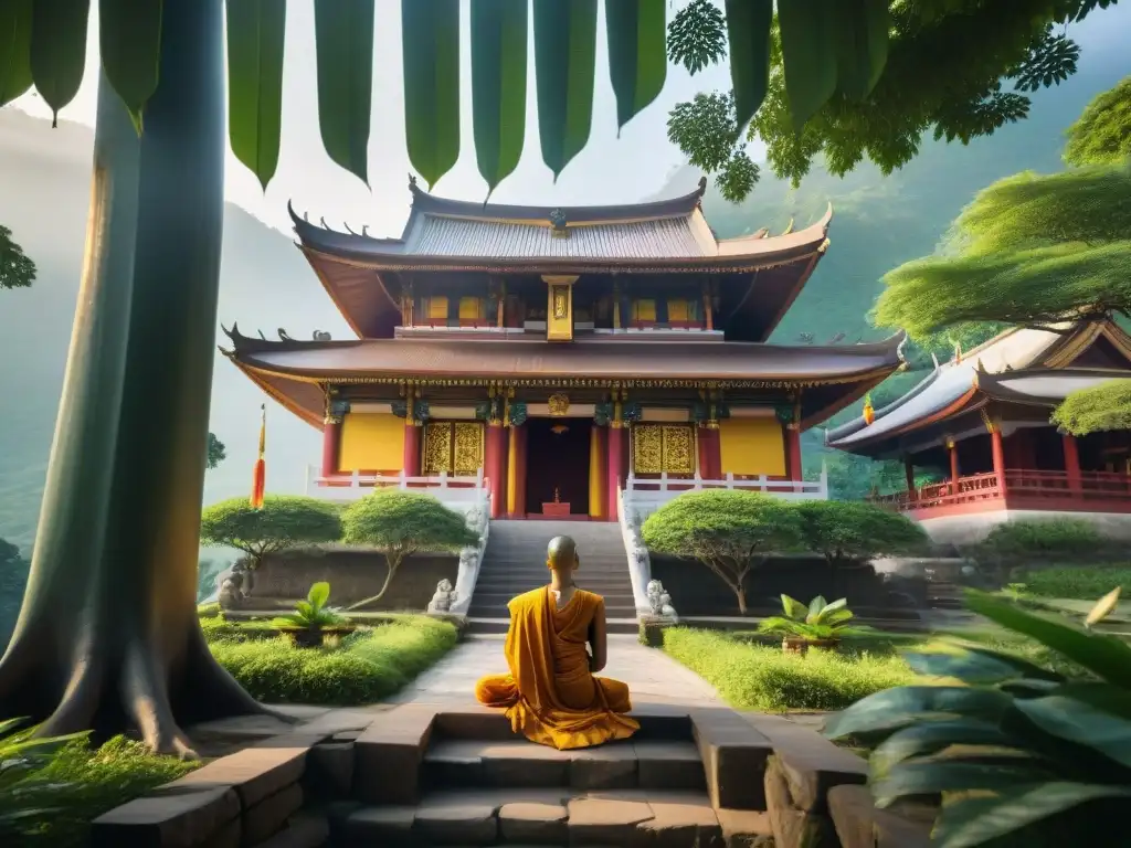 Símbolos budistas y enseñanzas profundas en un templo antiguo rodeado de naturaleza exuberante, donde monjes meditan bajo un árbol Bodhi