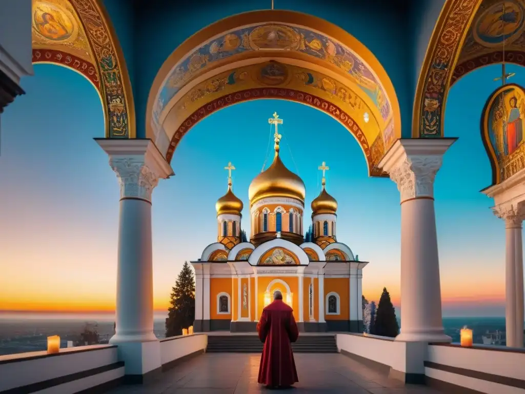 Sincretismo religioso mundo eslavo: Iglesia ortodoxa majestuosa iluminada por un amanecer vibrante, con fieles encendiendo velas