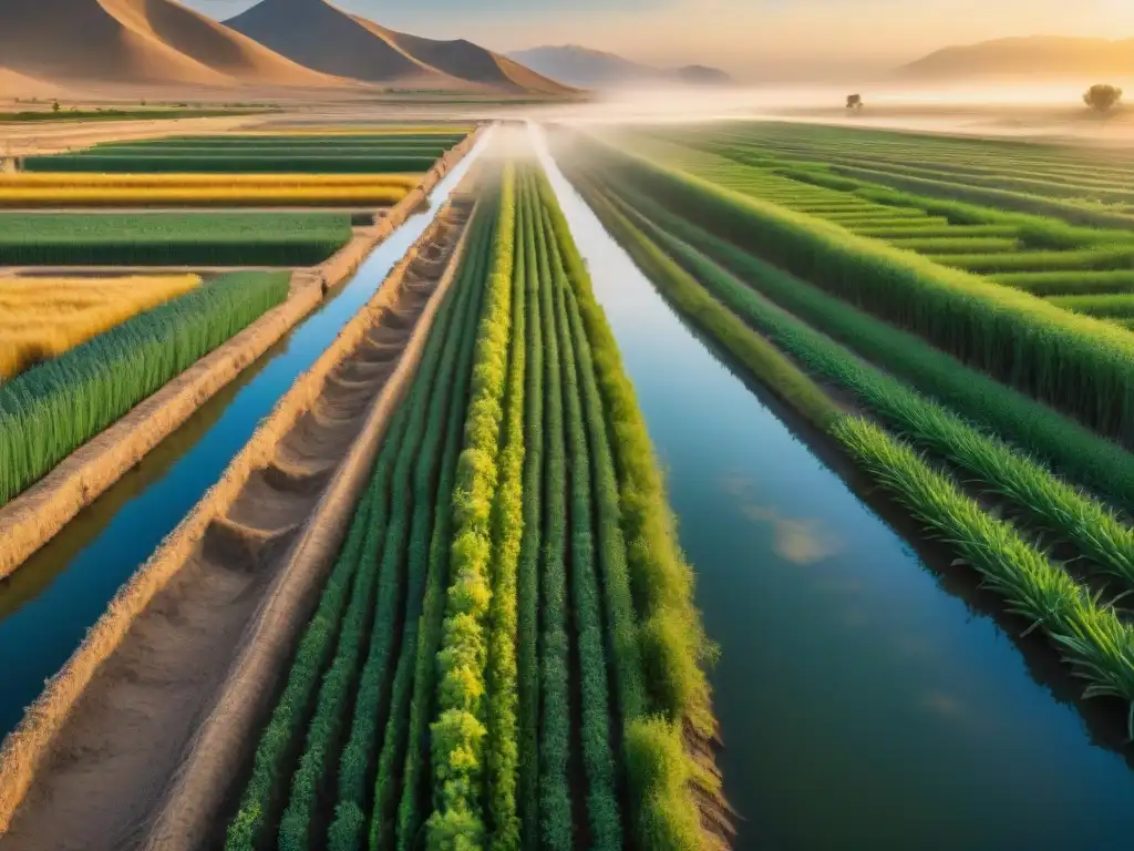 Sistemas de irrigación en Mesopotamia: Antiguos canales irrigados, campos verdes con cultivos de cebada y trigo, sol dorado iluminando trabajadores