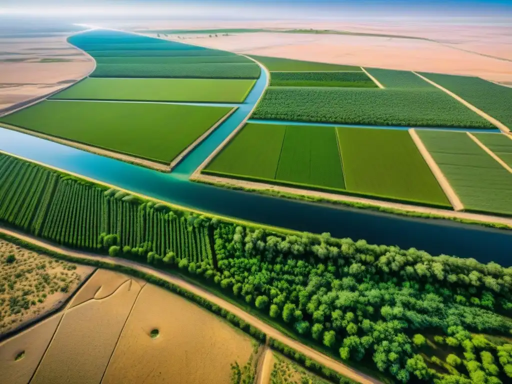 Sistemas de irrigación en Mesopotamia: Vista aérea de canales y diques serpenteando en un exuberante paisaje, resaltando la ingeniería antigua