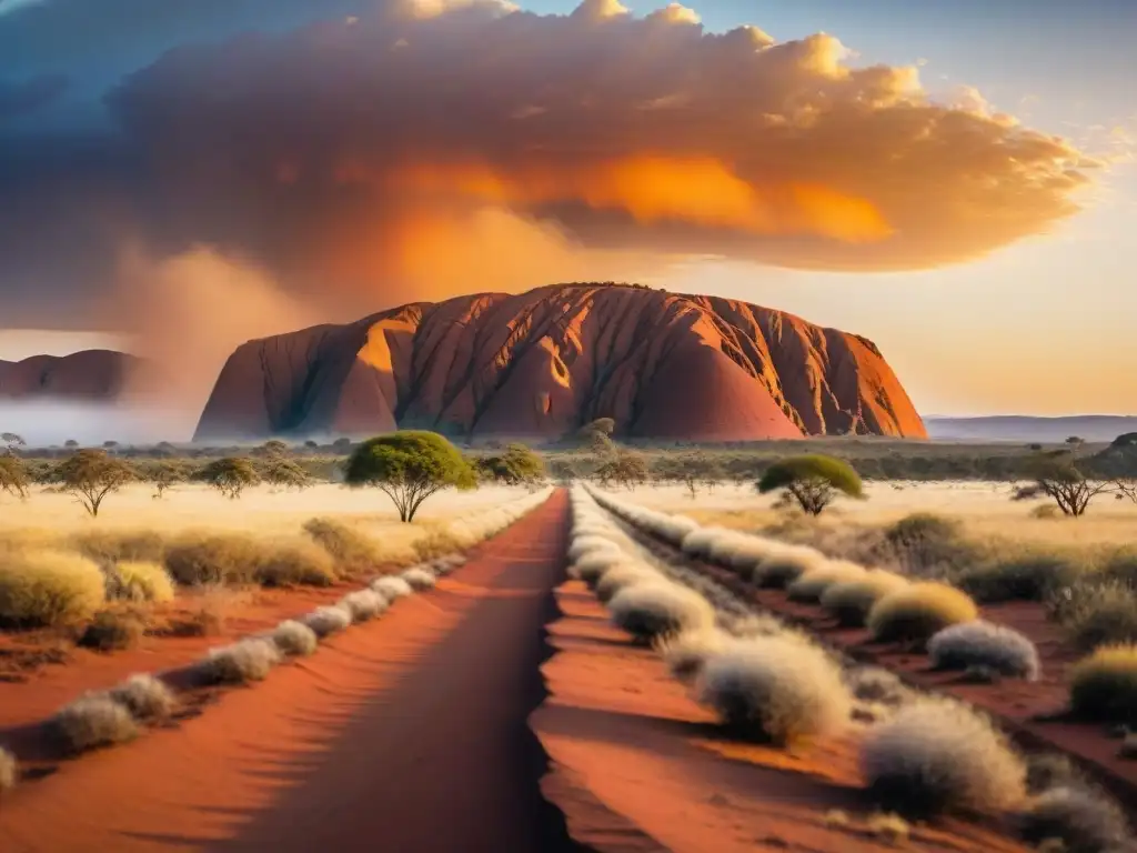 El sol se pone detrás del majestuoso Uluru en Australia, revelando los misterios de la roca sagrada y su entorno en un resplandor dorado