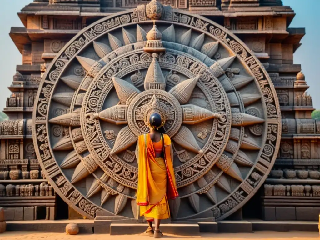 El sol se pone detrás del Templo del Sol Konark, resaltando sus intrincadas esculturas de piedra y su significado celestial