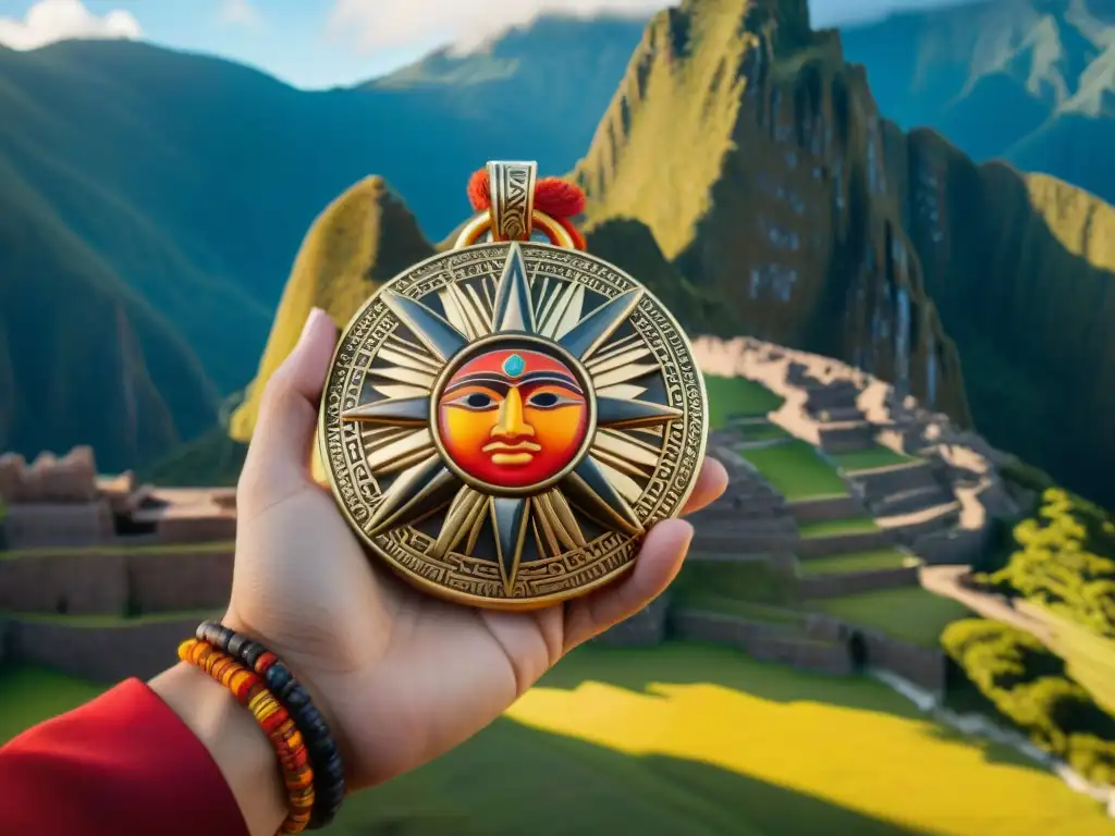 Un sol Inca de oro rodeado de patrones textiles rojos y naranjas, frente a una majestuosa montaña andina iluminada por el sol