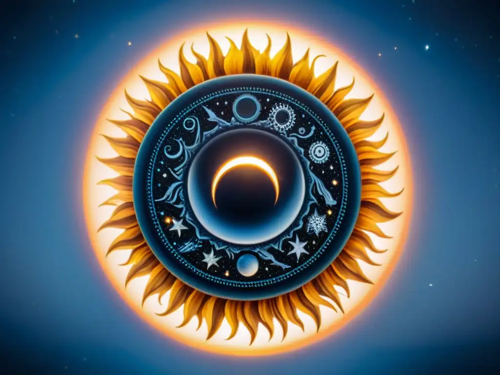 El Sol Negro en Astrología: ilustración alquímica detallada con símbolos místicos y un sol oscurecido en un cielo estrellado