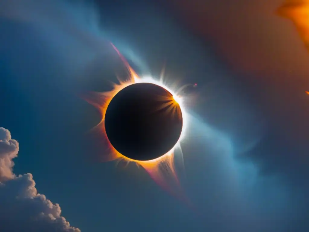 El Sol Negro en Astrología: Eclipse solar detallado con la Luna alineada perfectamente, creando un impactante contraste de luz y oscuridad en el cielo