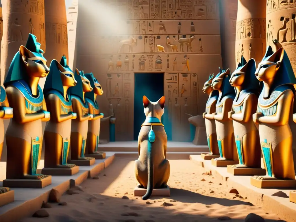 Solemne ritual en el Templo de Bastet con sacerdotes egipcios, hieroglíficos y estatuas de felinos sagrados