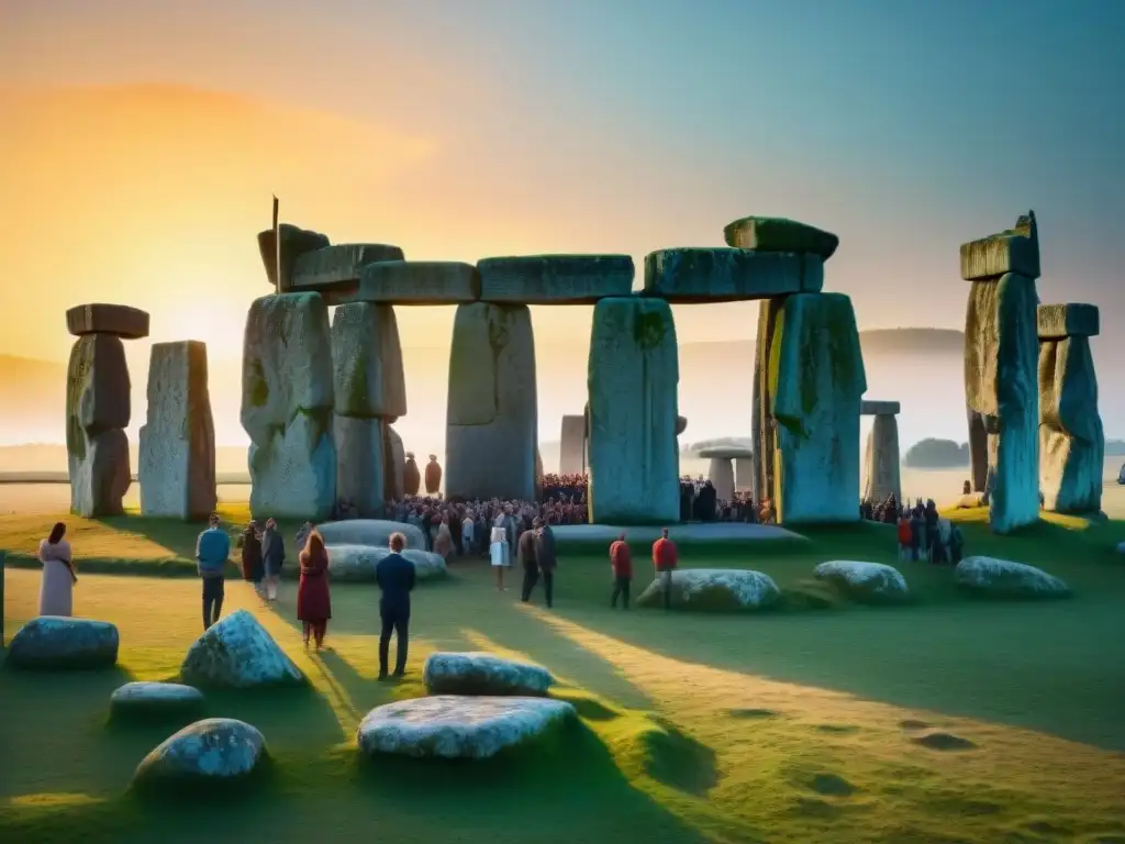 Celebración del solsticio de verano en Stonehenge, con alineación de piedras al amanecer y rituales antiguos de Astronomía