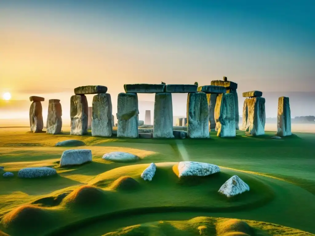 Amanecer en Stonehenge durante el solsticio de verano, destacando la conexión celestial y misteriosa del calendario astronómico Stonehenge