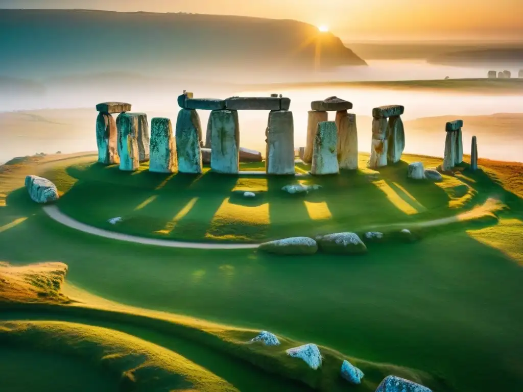 Stonehenge al amanecer, con sombras largas y alineación astronómica