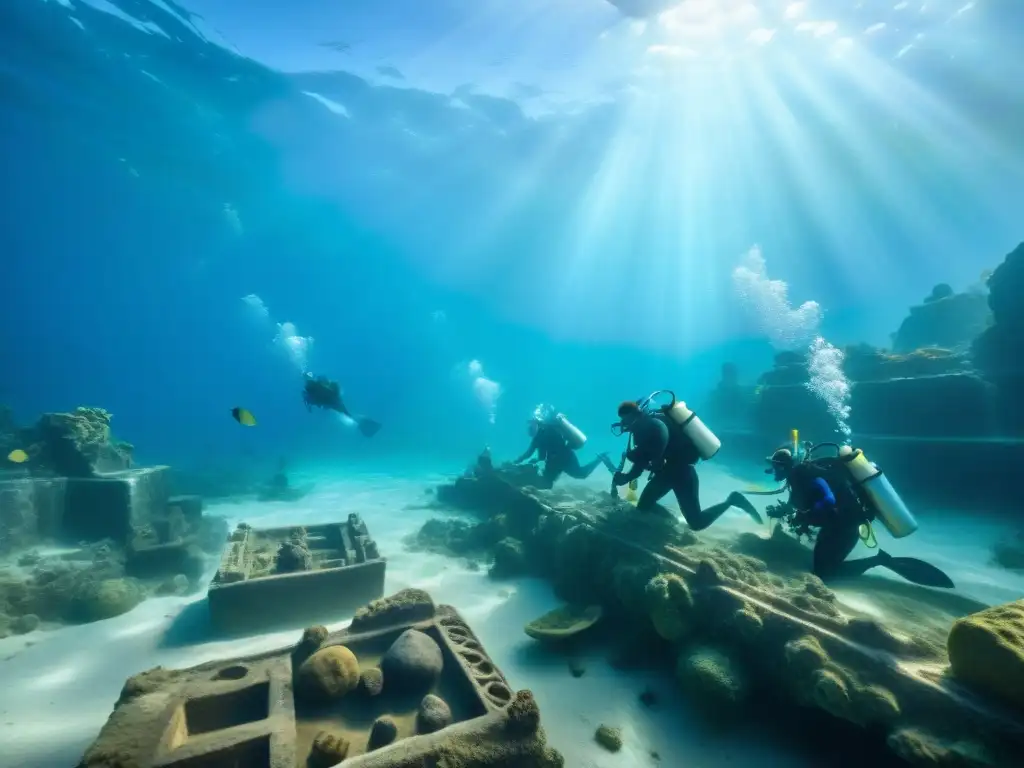 Exploración submarina de arqueólogos recuperando Textos Sagrados de la Atlántida en ruinas sumergidas