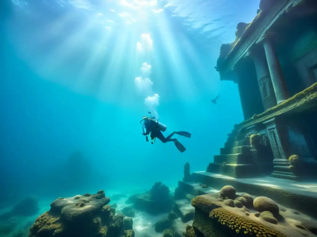 Exploración submarina de la ciudad perdida Atlantis: arqueólogos buceando entre ruinas antiguas, columnas y artefactos, bajo aguas cristalinas