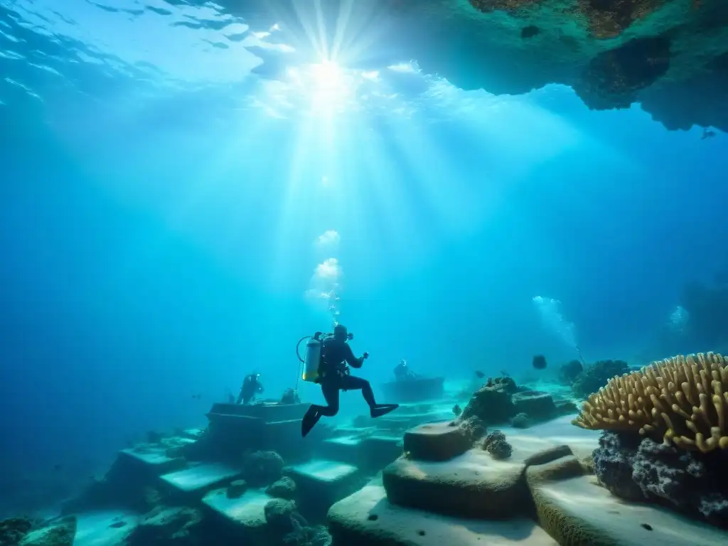 Exploración submarina de la ciudad perdida de Atlantis con equipo avanzado y misteriosas criaturas marinas