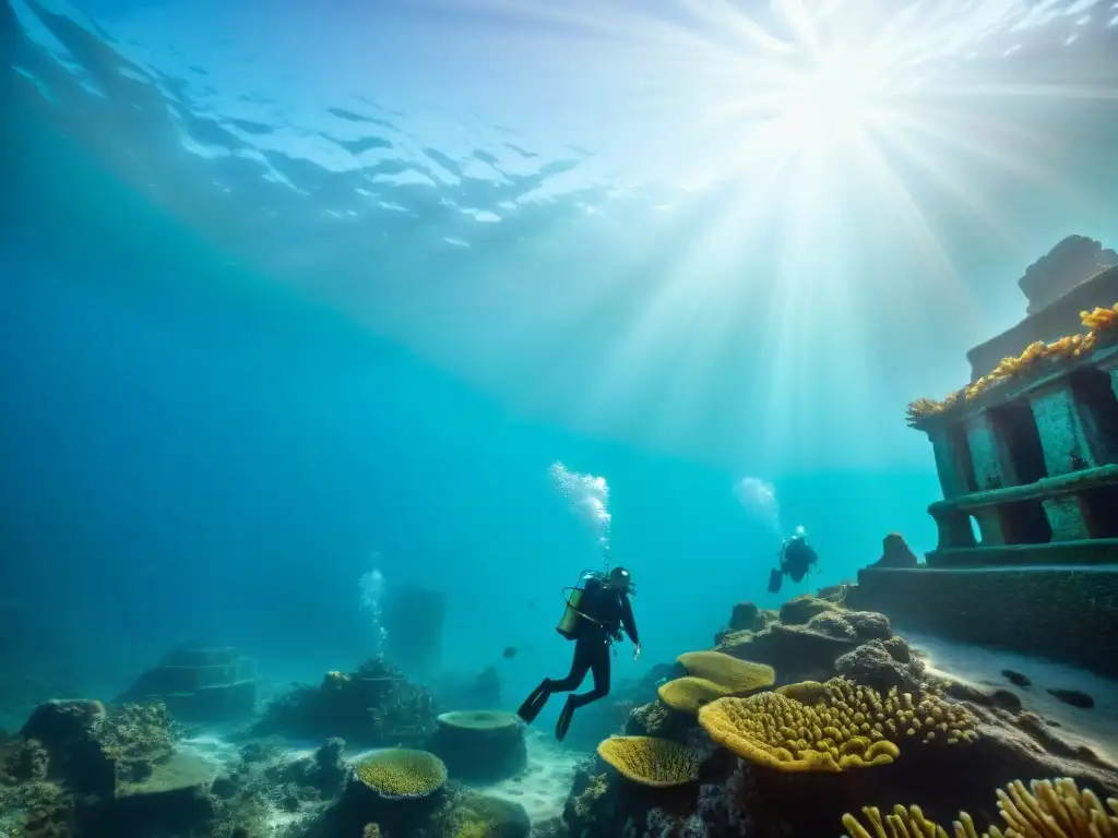 Exploración submarina de la ciudad perdida Atlantis, sumergida en coral y vida marina, iluminada por la luz solar