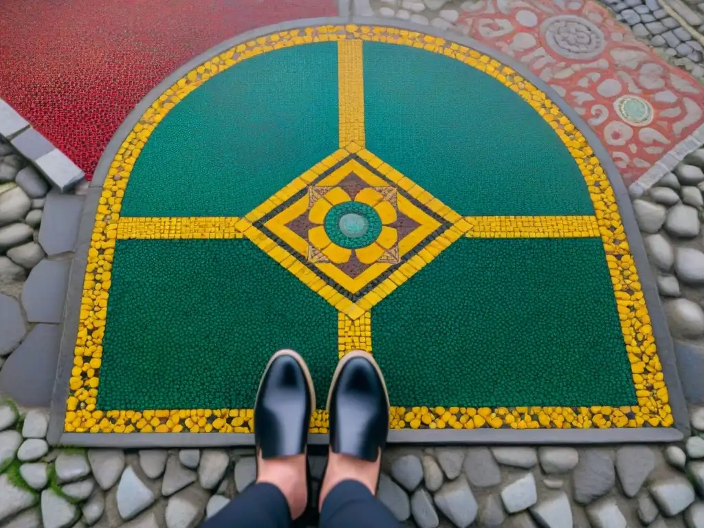 Un suelo de mosaico en las ruinas de Herculano con colores vibrantes y detallados patrones que revelan la lujosa vida de sus habitantes