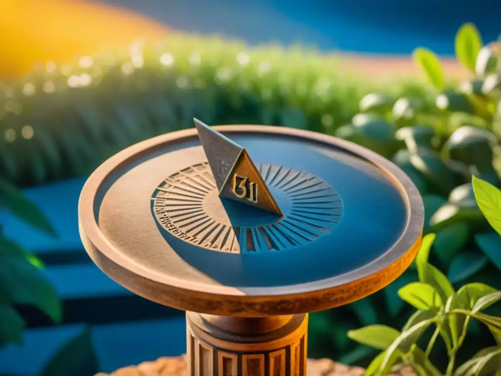 Sundial antiguo proyectando sombra en pedestal de piedra, frente a vegetación exuberante y cielo azul