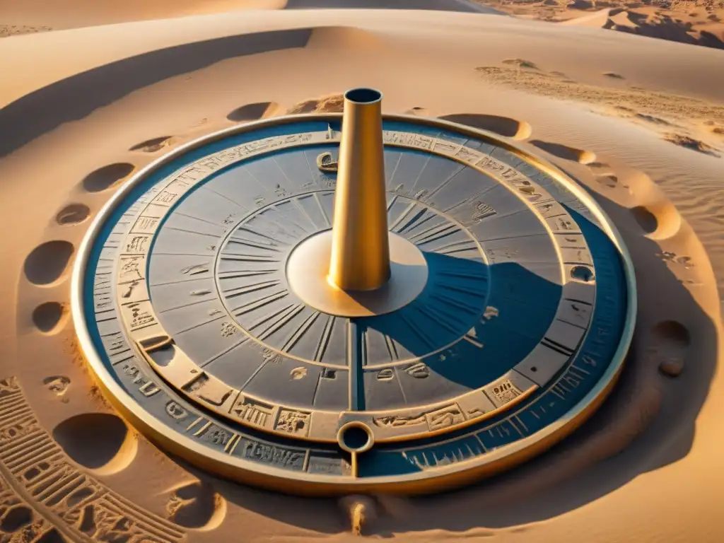 Sundial egipcio con decoraciones y jeroglíficos bajo el sol del desierto, revelando el significado oculto de las mediciones de tiempo egipcias