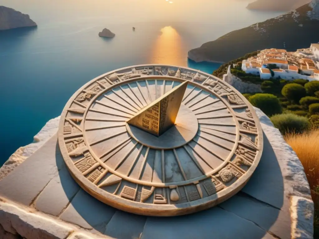 Sundial griego tallado en mármol, con diseños helenísticos detallados, bajo un atardecer mediterráneo vibrante