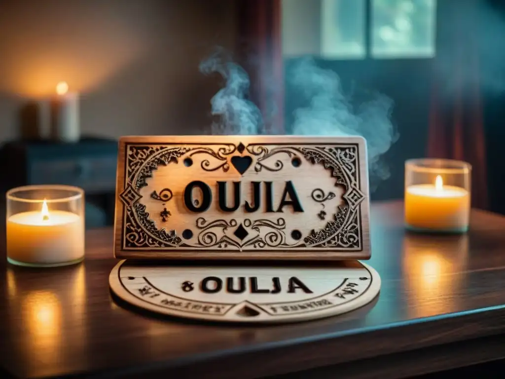 Un tablero de Ouija tallado, rodeado de velas en una habitación tenue