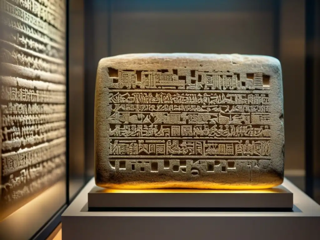 Una tableta antigua con inscripciones cuneiformes detalladas iluminadas en una vitrina de museo