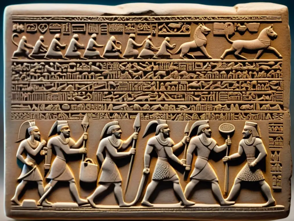 Una tableta de arcilla antigua con escritura cuneiforme del Épico de Gilgamesh, mostrando a Gilgamesh y Enkidu en un momento de moralidad