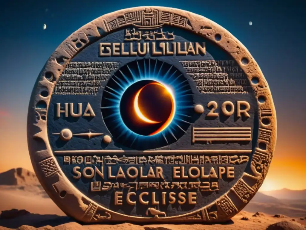 Tableta de arcilla babilónica con eclipse solar, cuneiforme detallado, ilustraciones astronómicas