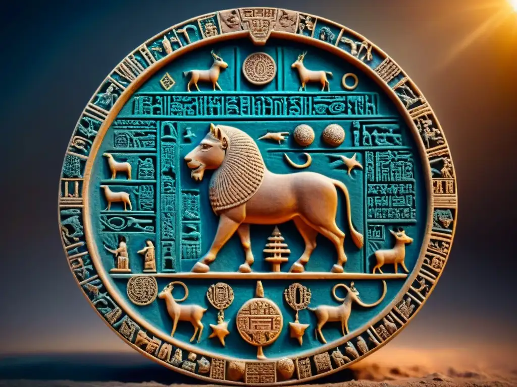 Tableta de arcilla babilónica con intrincados símbolos zodiacales iluminados por una suave luz cálida