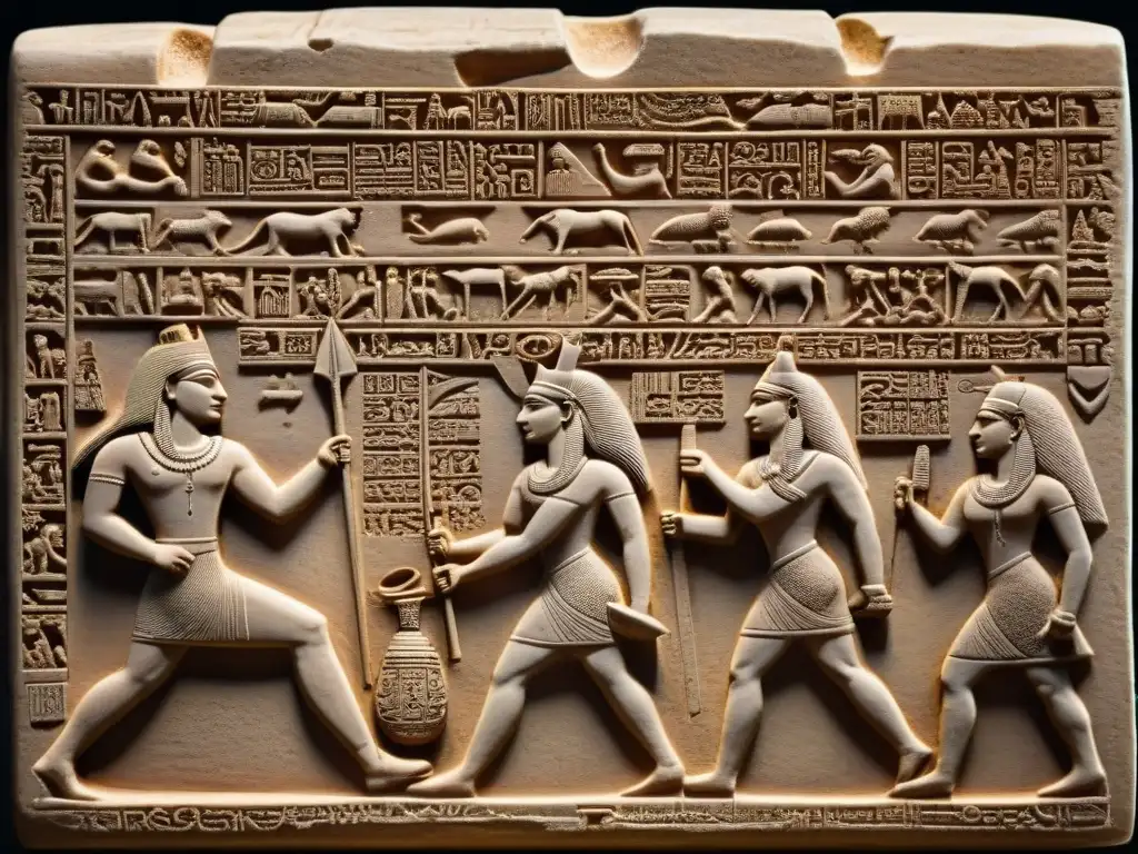 Tableta de arcilla cuneiforme con escena de Gilgamesh y la diosa Ishtar, rodeada de artefactos mesopotámicos