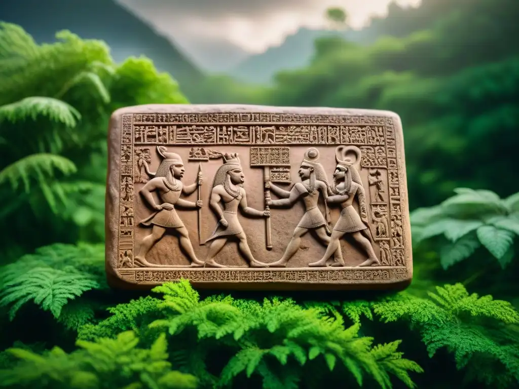 Tableta de arcilla con escena épica de Gilgamesh y Humbaba en un bosque mítico