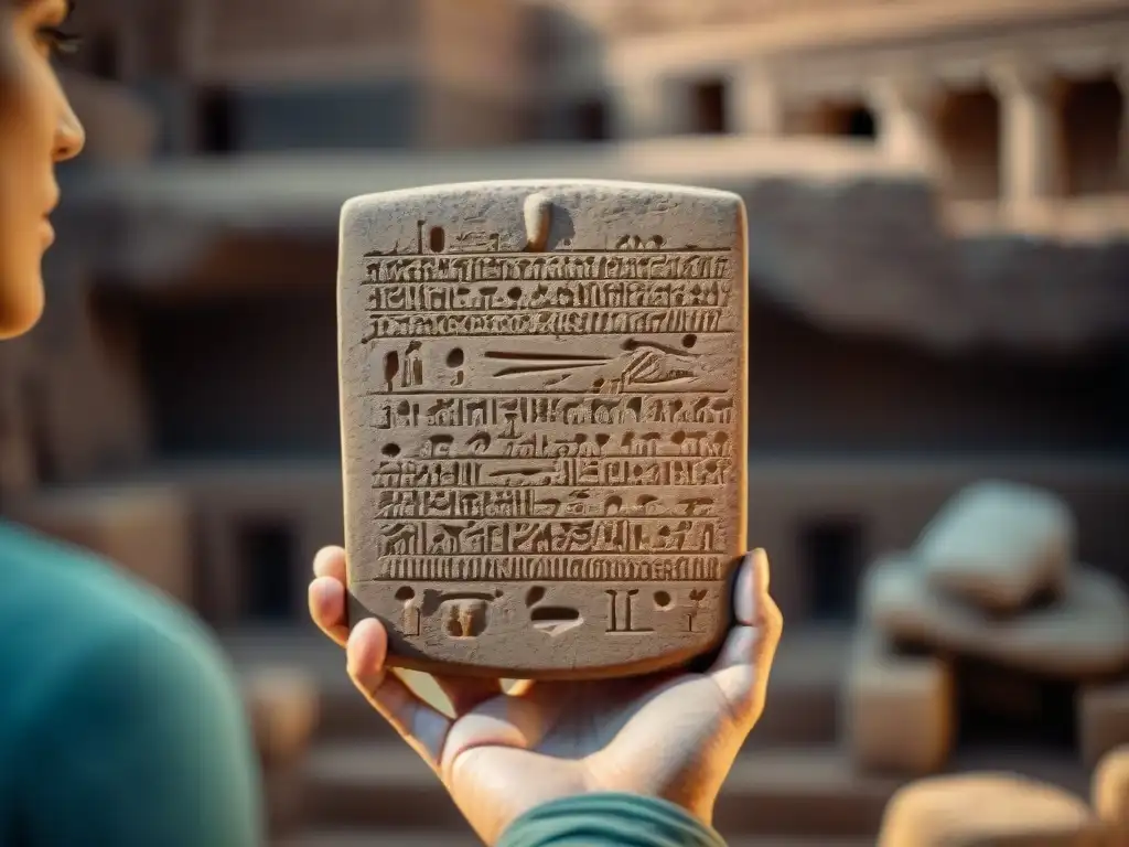 Tableta de arcilla con escritura cuneiforme y ruinas antiguas al fondo, evocando la influencia de Mesopotamia en culturas