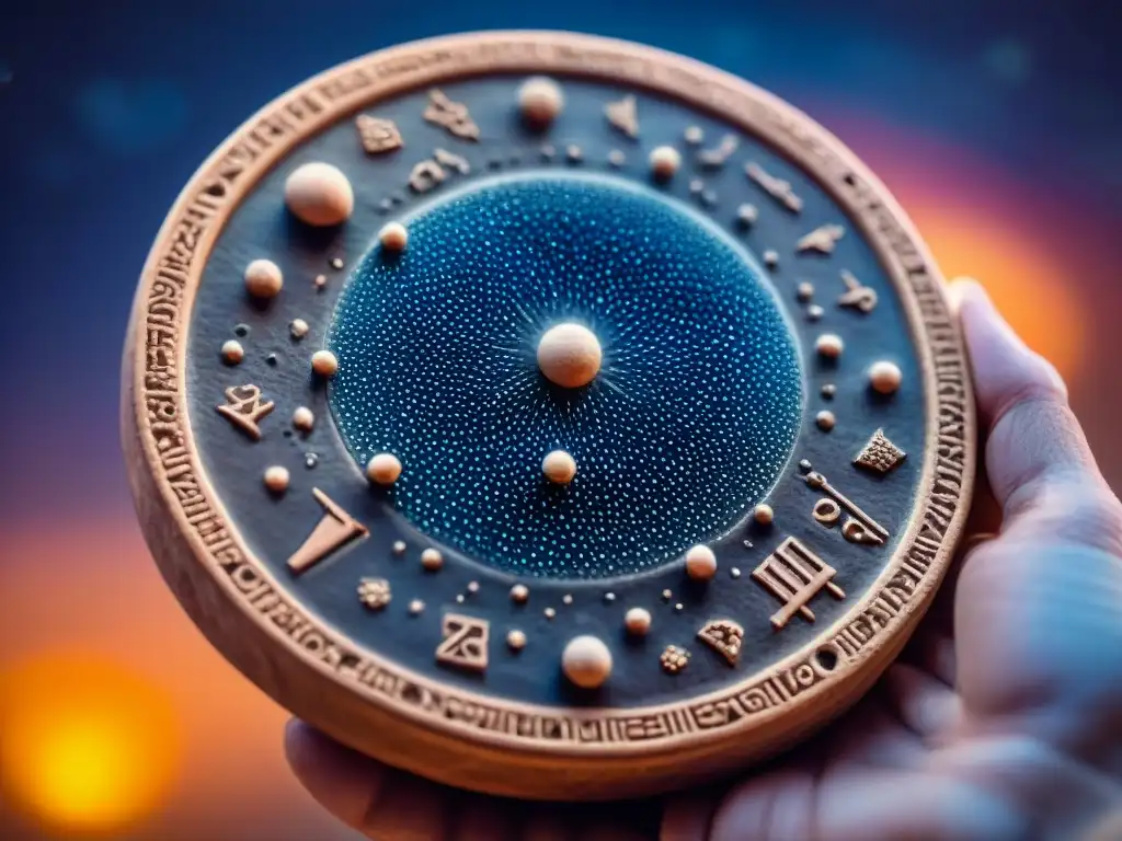 Tableta de arcilla de Babilonia con inscripciones cuneiformes, iluminada por luz cálida, revelando misterios astrales