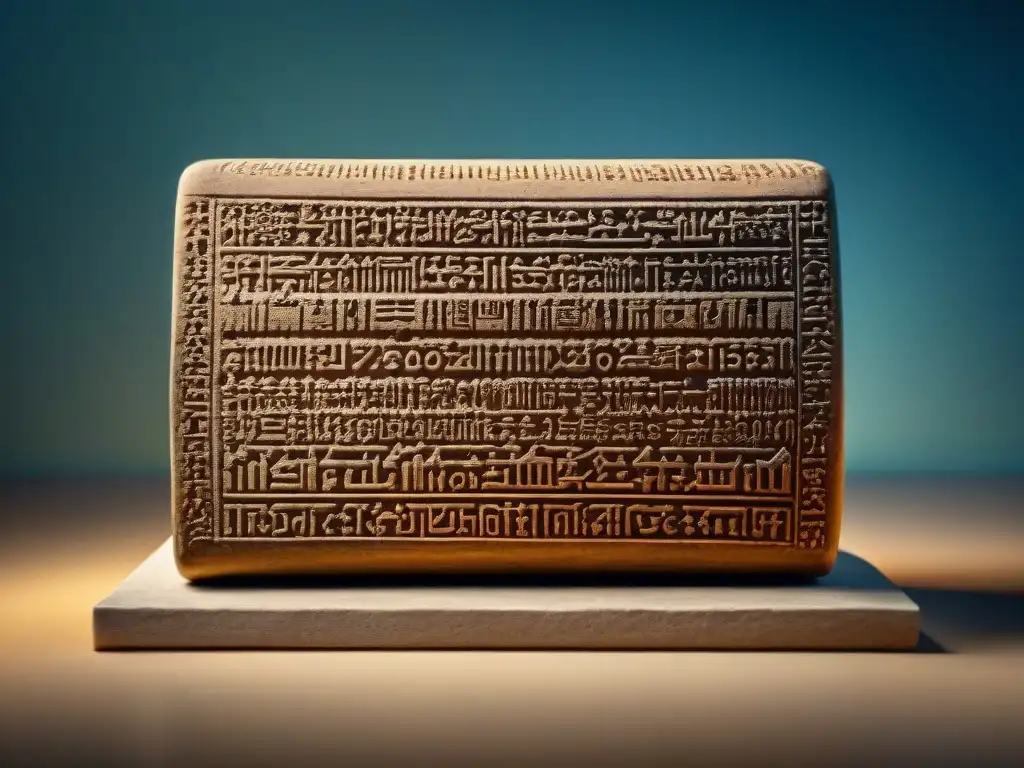 Una tableta de arcilla con inscripciones cuneiformes del Código de Hammurabi iluminada por una luz cálida, destacando su importancia histórica y legal