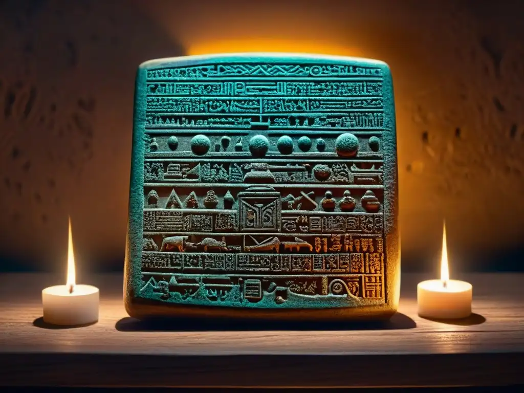 Tableta de arcilla con mapas celestes y símbolos cuneiformes iluminados por luz cálida en habitación tenue, rodeada de velas