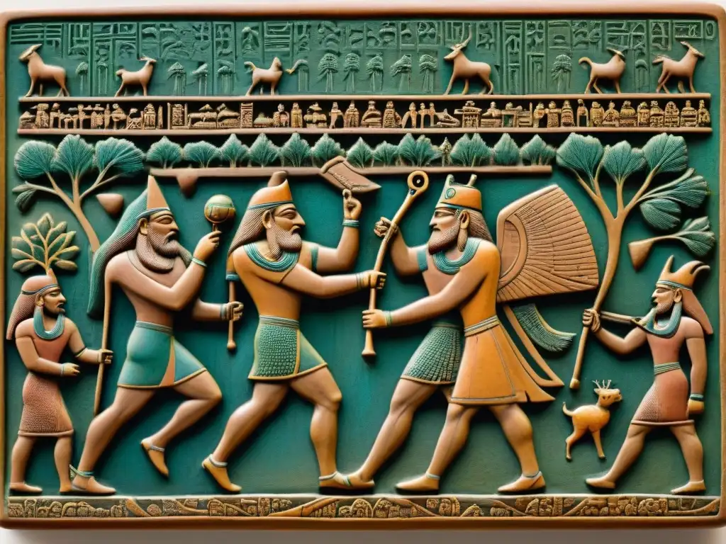 Tableta de barro con escena épica de Gilgamesh y Enkidu luchando contra Humbaba en el Bosque de Cedros