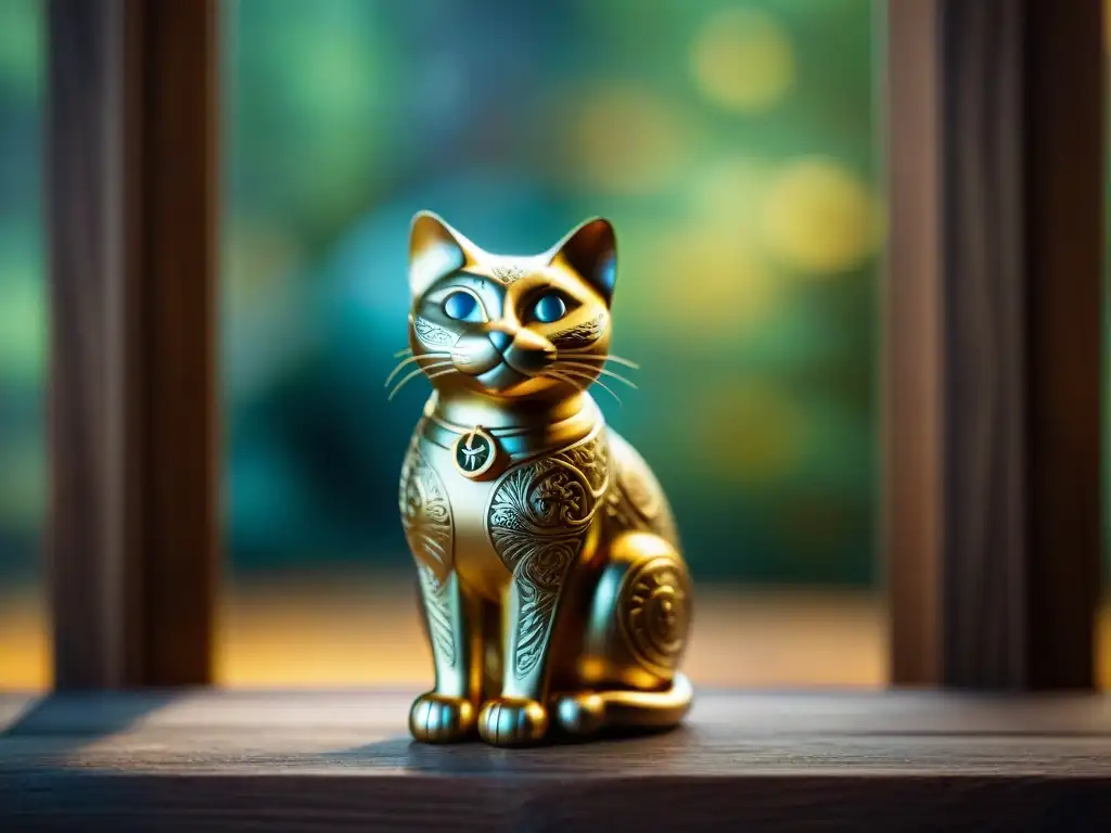 Un talismán dorado en forma de gato, grabado con símbolos antiguos y rodeado de aura mística, en una superficie de madera envejecida