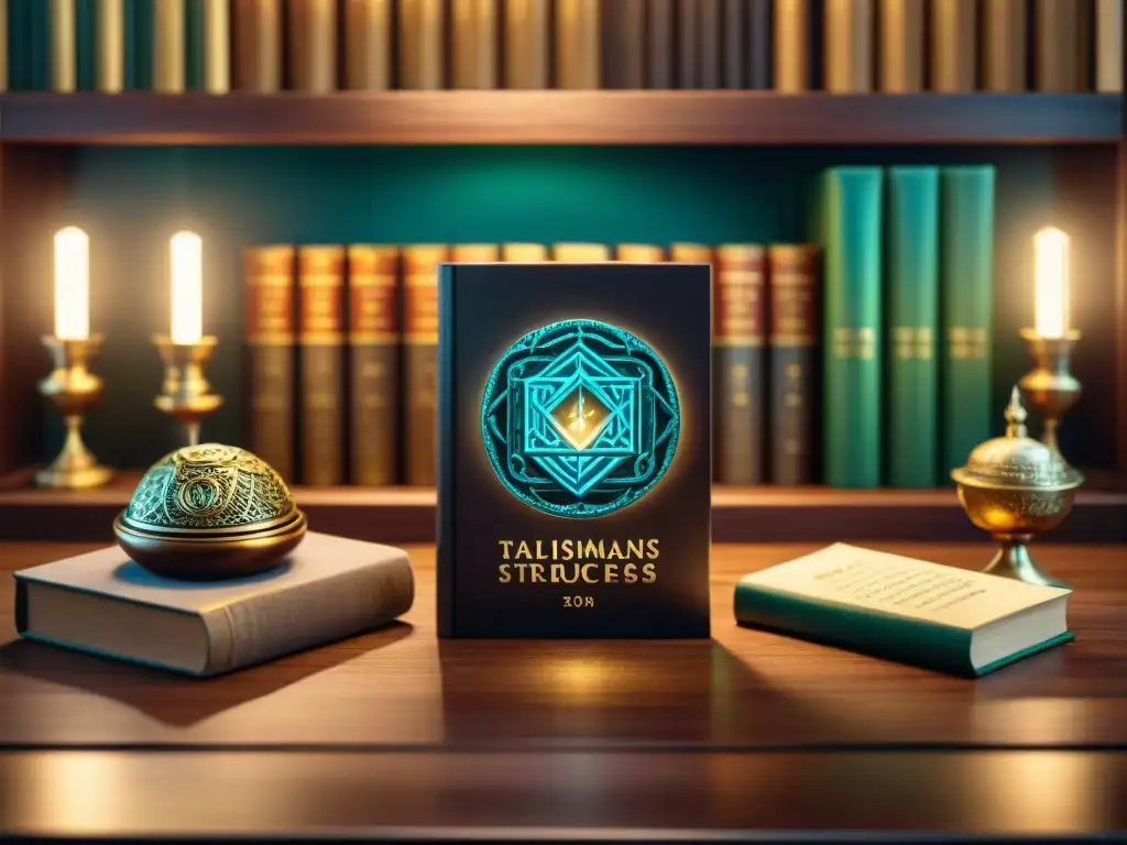 Talismanes de buena fortuna para negocios, brillando en mesa de madera oscura rodeados de libros antiguos y sabiduría