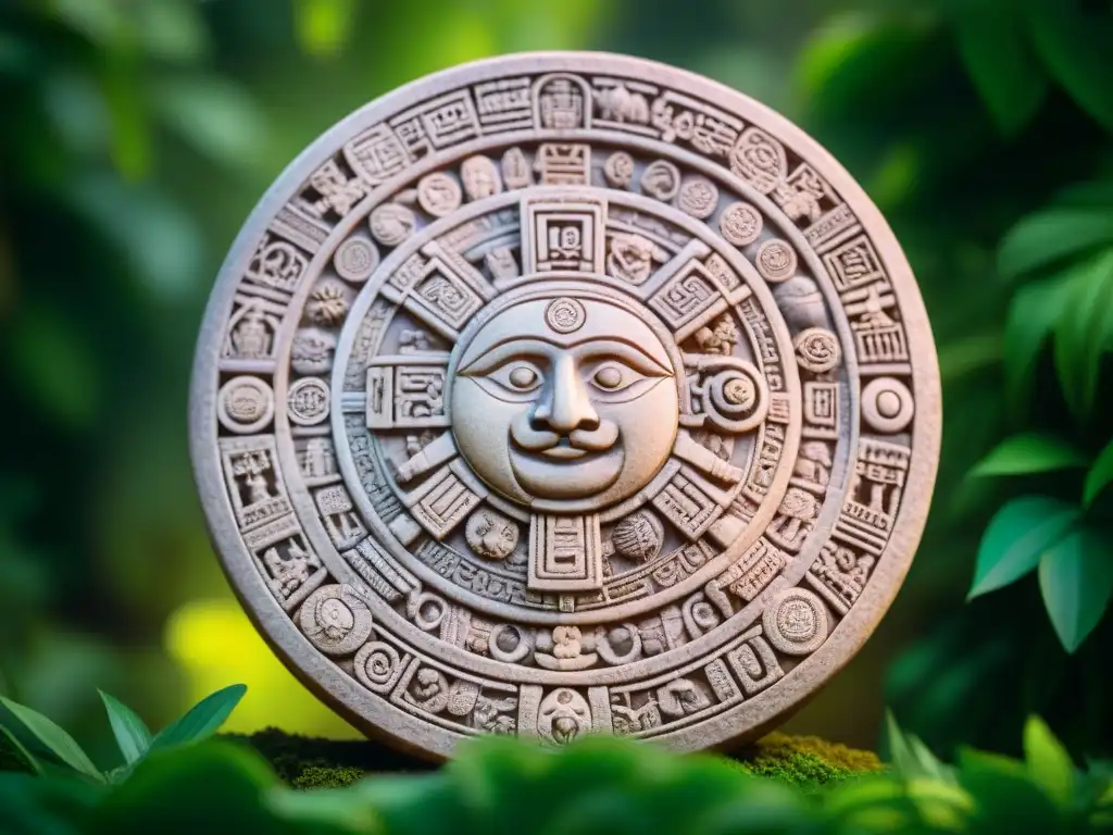 Una talla detallada del calendario maya iluminada por una cálida luz, rodeada de la exuberante jungla