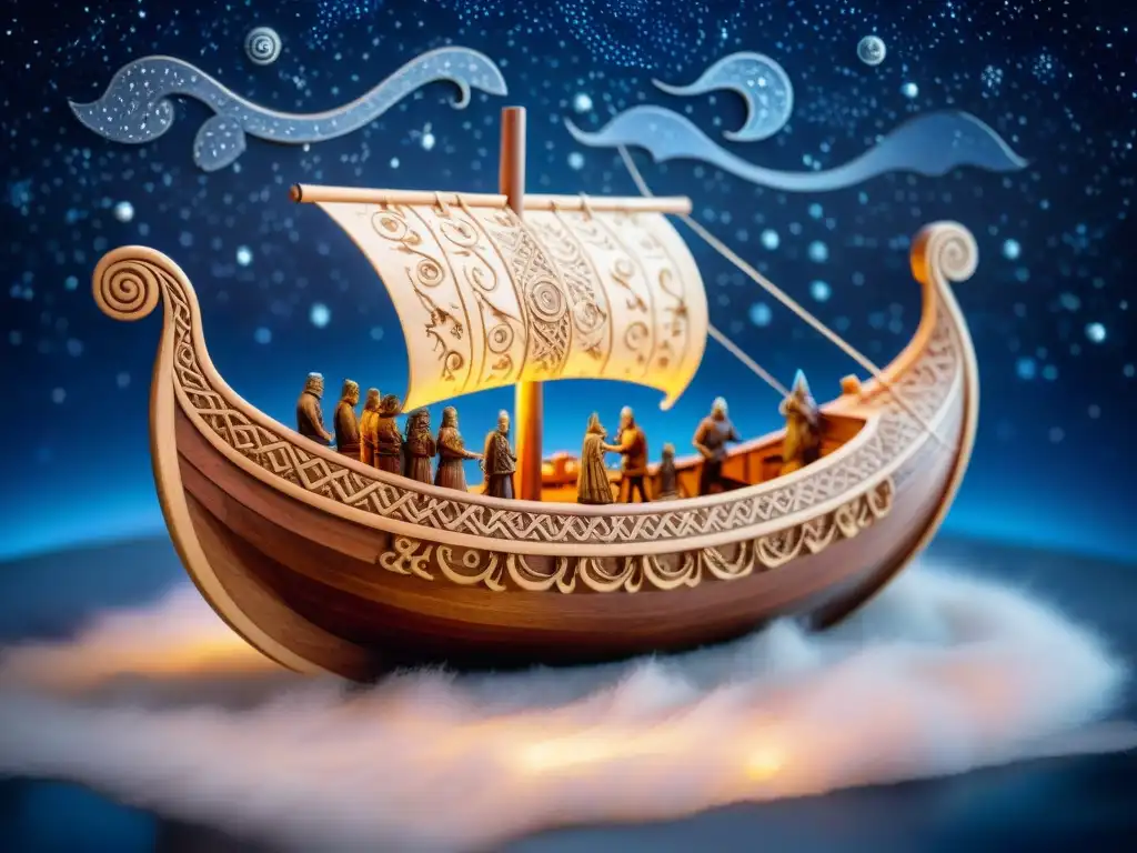 Una talla de madera detallada de un barco vikingo surcando un cielo estrellado, representando la cosmología vikinga y mitología estelar