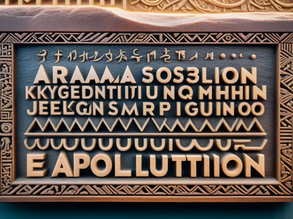 Una talla de piedra detallada que muestra la evolución del alfabeto arameo, con antiguos símbolos grabados en una losa desgastada