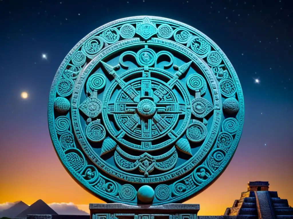 Una talla de piedra detallada representa un mapa celestial maya, en una noche estrellada, mostrando la arquitectura estelar civilizaciones antiguas