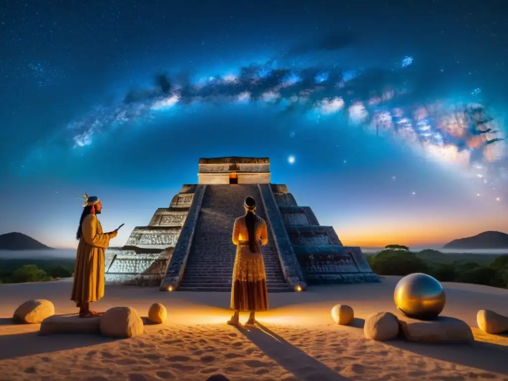 Talla de piedra maya: astrónomos antiguos estudian el cielo nocturno, rodeados de símbolos celestiales