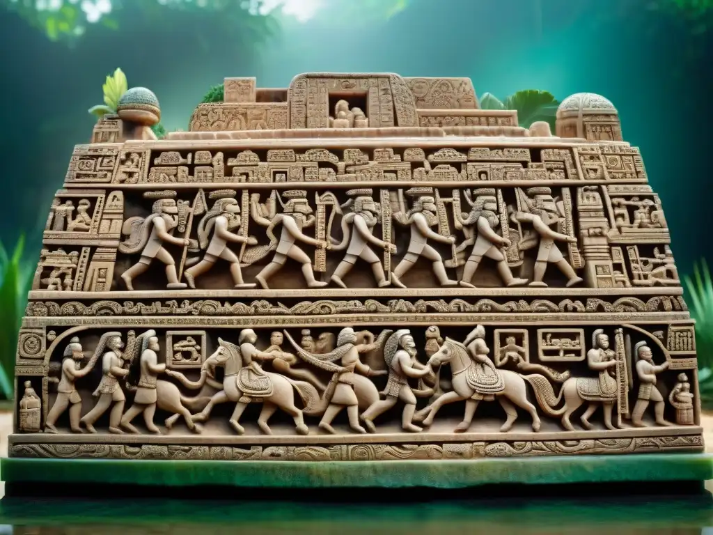 Increíble tallado maya de gran diluvio: caos y miedo en detalle Una talla de piedra maya detallando un diluvio catastrófico