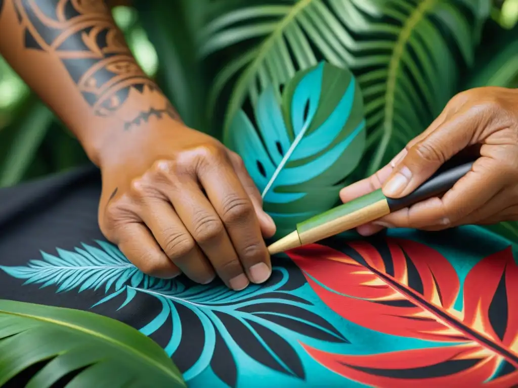 Un tapa polinesio tradicional siendo pintado a mano, simbolizando la rica cultura y tradición de la vestimenta polinesia